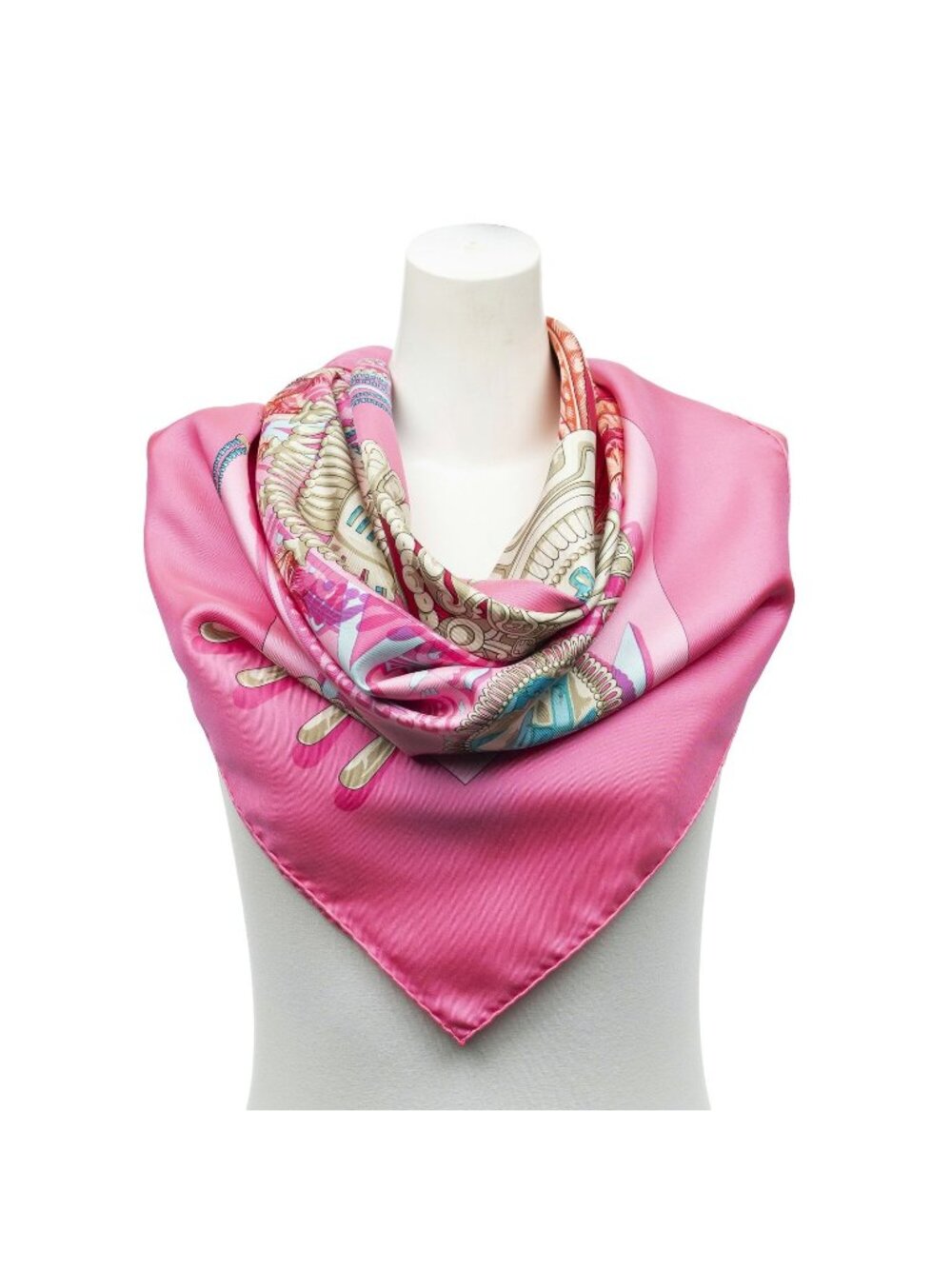 Hermes Scarf Pink Beige Teal Twill Silk